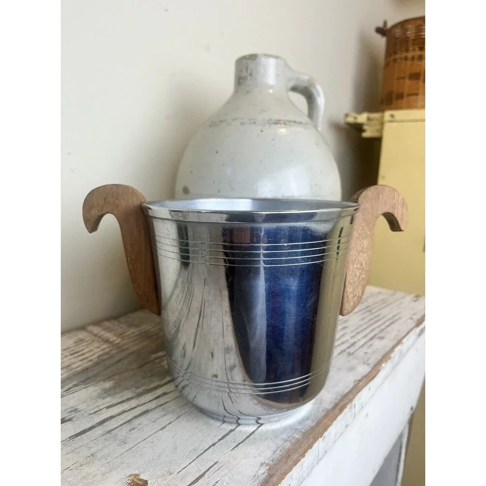 Vintage French Art Deco Metal & Wood Handled Small Ice Bucket 9” Ornate Decor